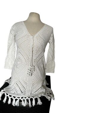 Calypso St Barth size Medium White Crochet V-Neck Tassel Beach Coverup